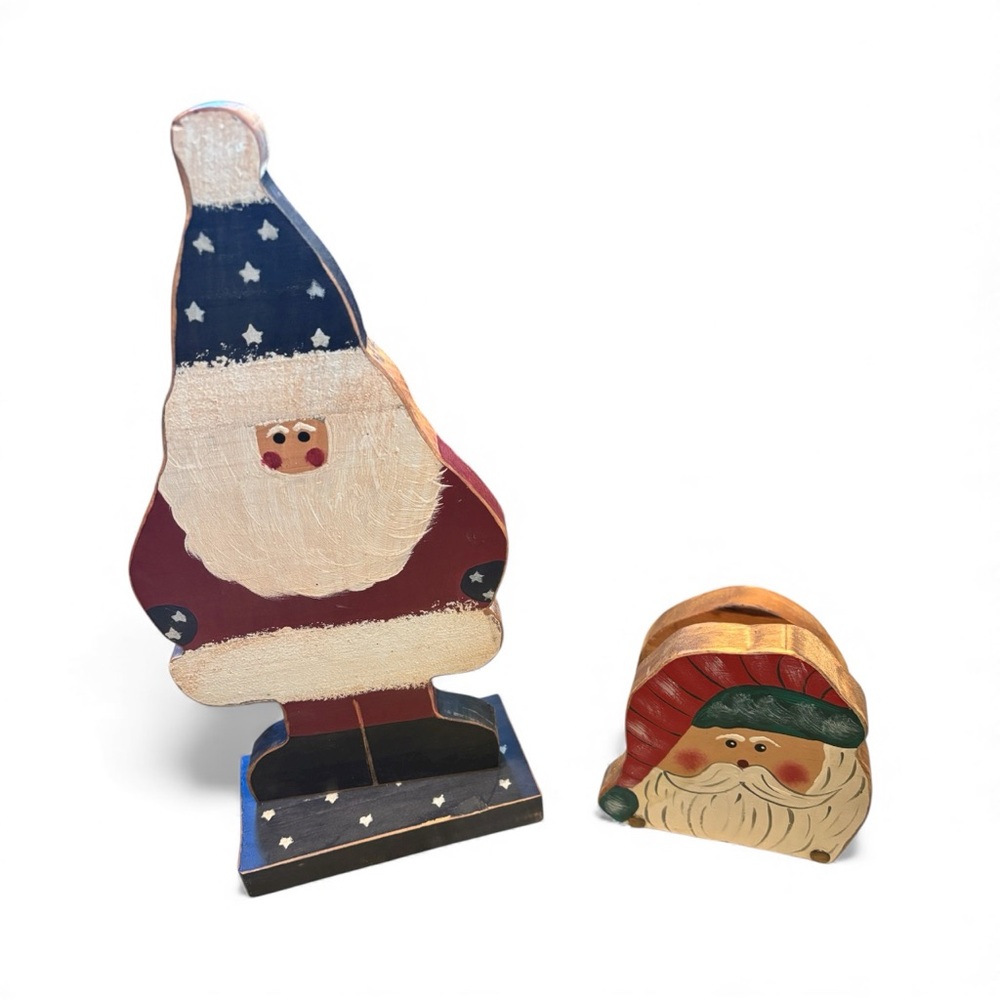 Festive Vintage Wooden Santa Decor Set - Standing Santa and Napkin holder